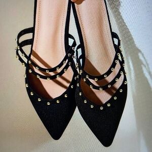 Cuccoo Black gold studded strappy flat sling back shoes size 8 New